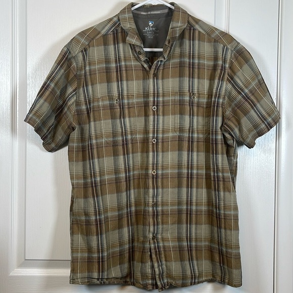 Women's KUHL Brown Teal Plaid Button Down Hiking S/S Shirt Size Large EUC #6752 - Picture 2 of 5